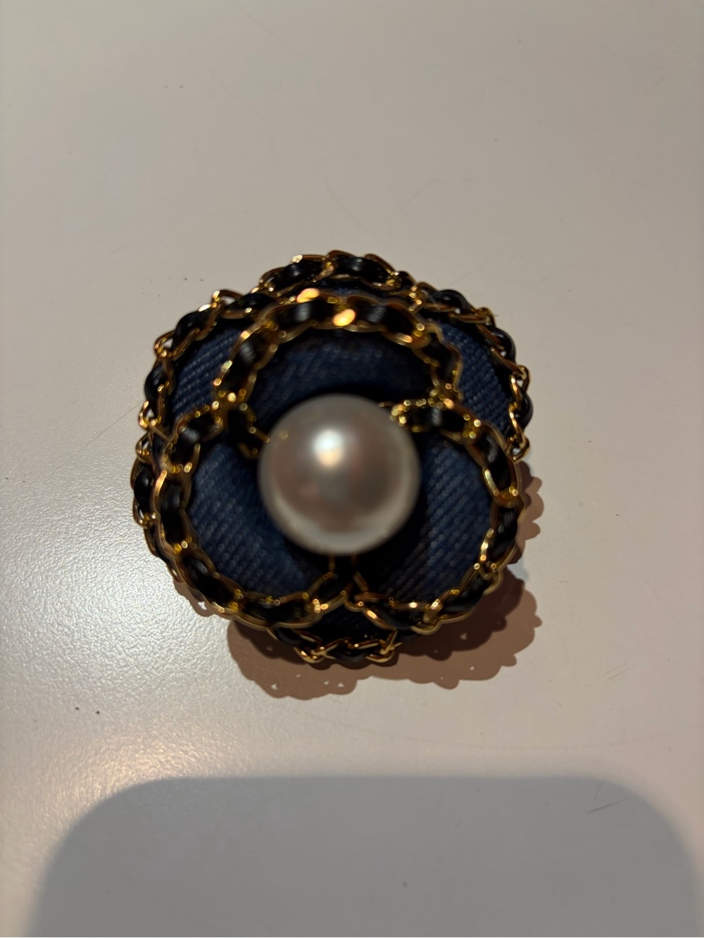 NWT Fabulous Denim & Pearl Pin/Hairclip with gold chain and black leather detail